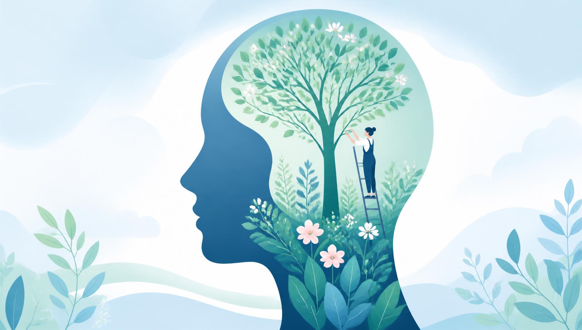 Illustrazione di un profilo umano con un giardino interiore, albero e persona su una scala
